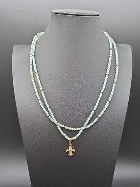 RETIRED SPARTINA 449 Gold Fleur-de-Lis Pendant Double-Layer Aqua Bead Necklace